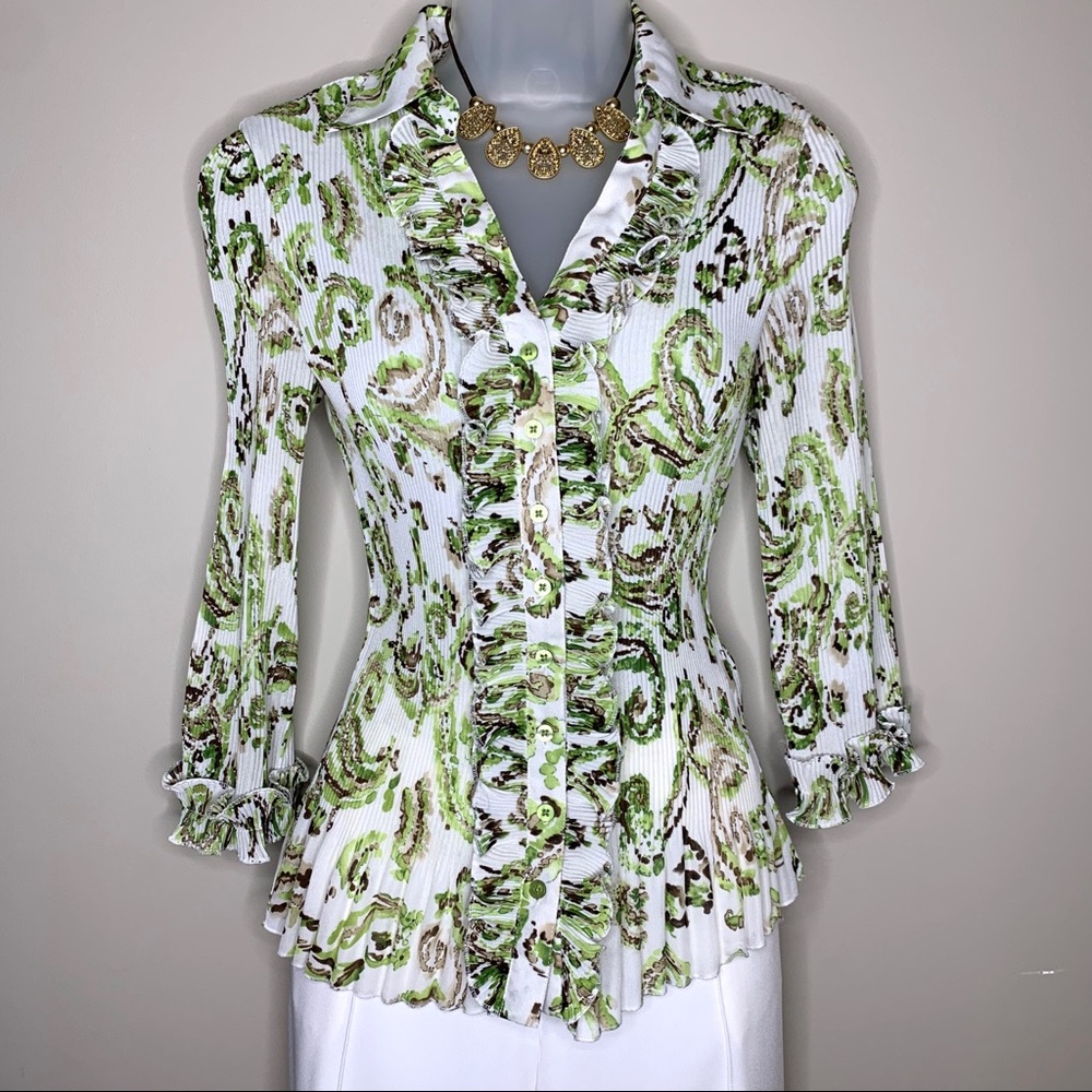 Sioni Pleated Ruffle Blouse S Off White Green Brown 3/4 Sleeve Fitted Romantic